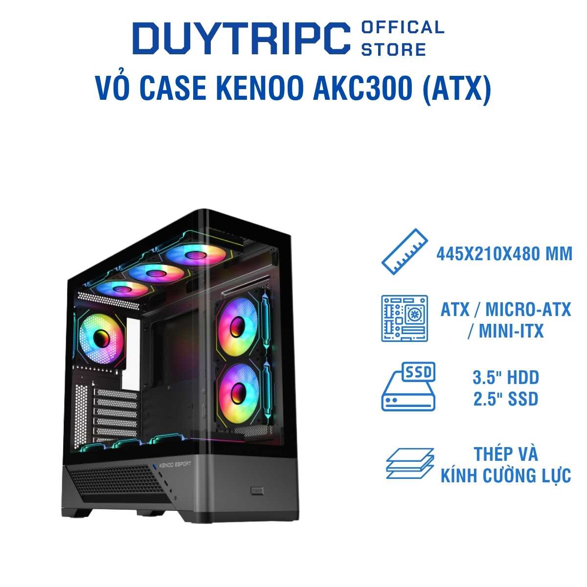 Vỏ Case Kenoo AKC300 (ATX) – Thiết Kế Gaming Hiện Đại, Kính Cường Lực, Tối Ưu Tản Nhiệt, Giá Rẻ